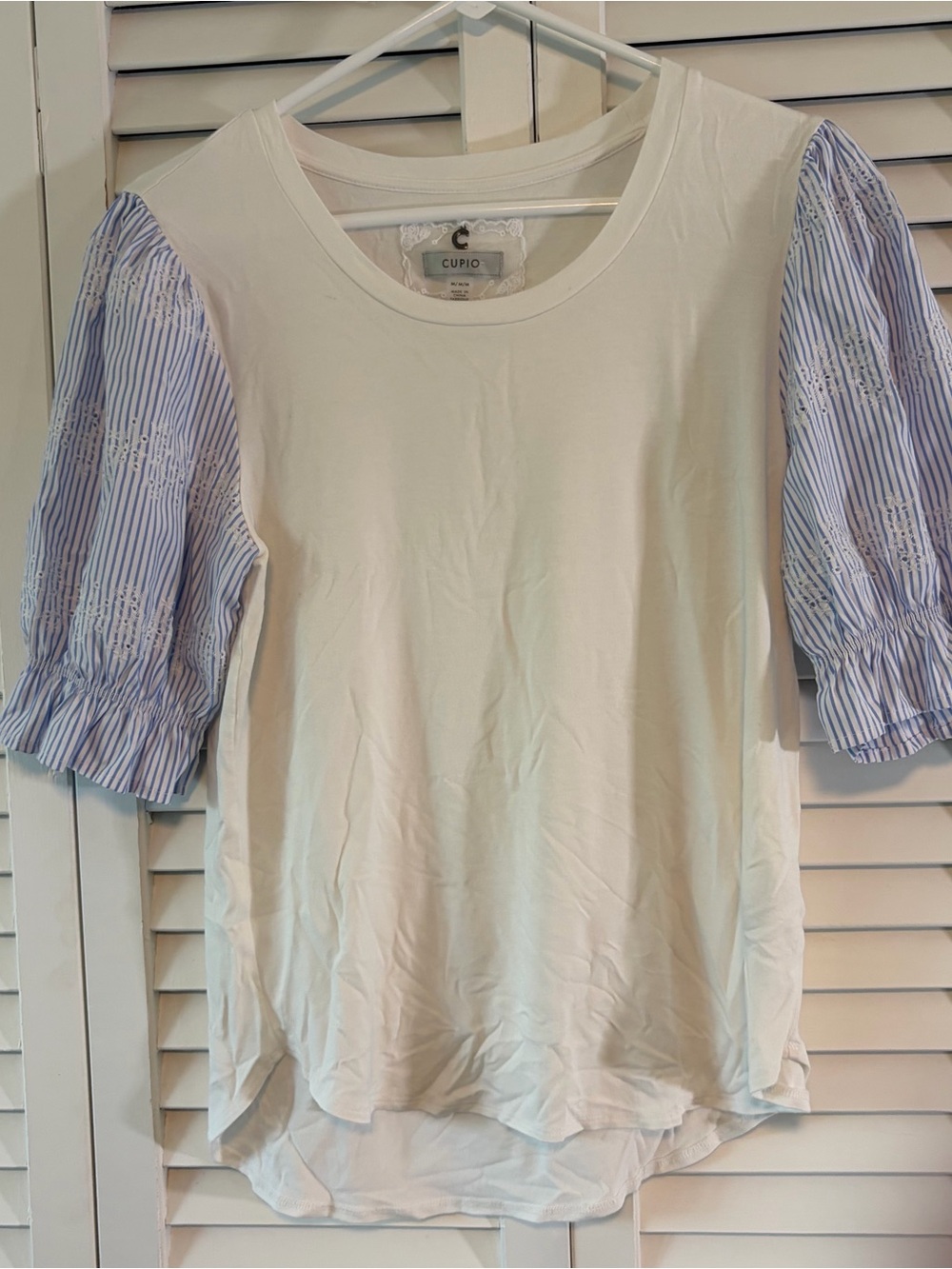 Cupio White Tee with Blue Striped Puff Sleeves